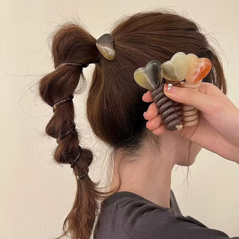 4 PCS - Heart Shaped Straight Telephone Cord Ponytail Holder