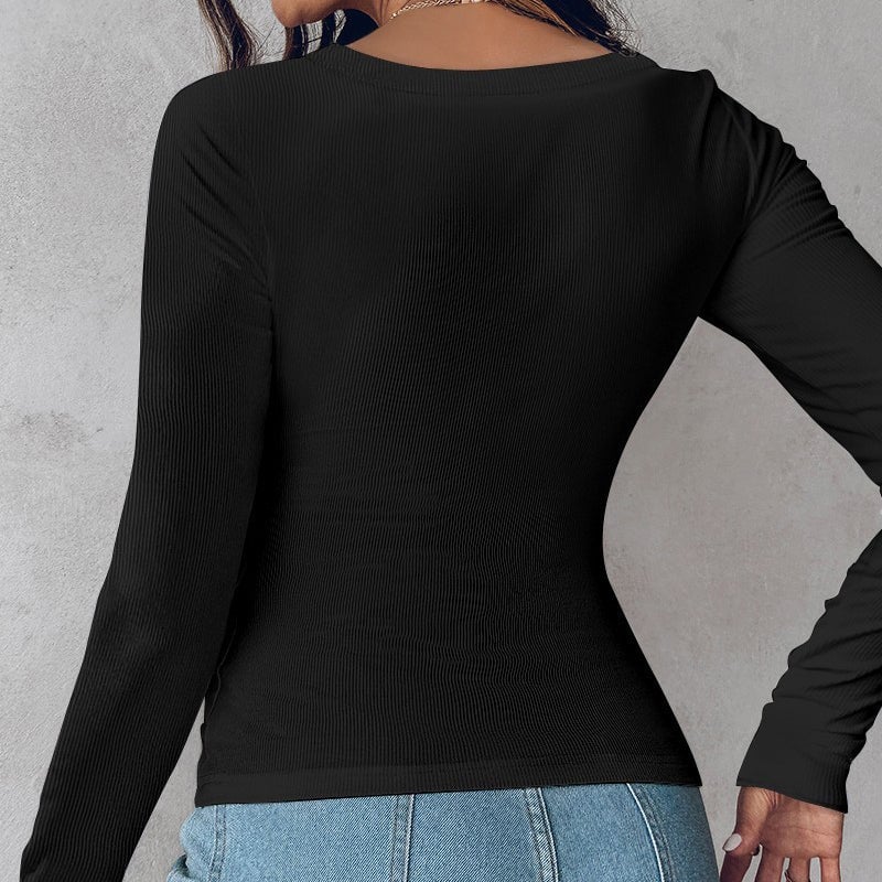 U Neck Built-in Bra Long Sleeve Tight Top