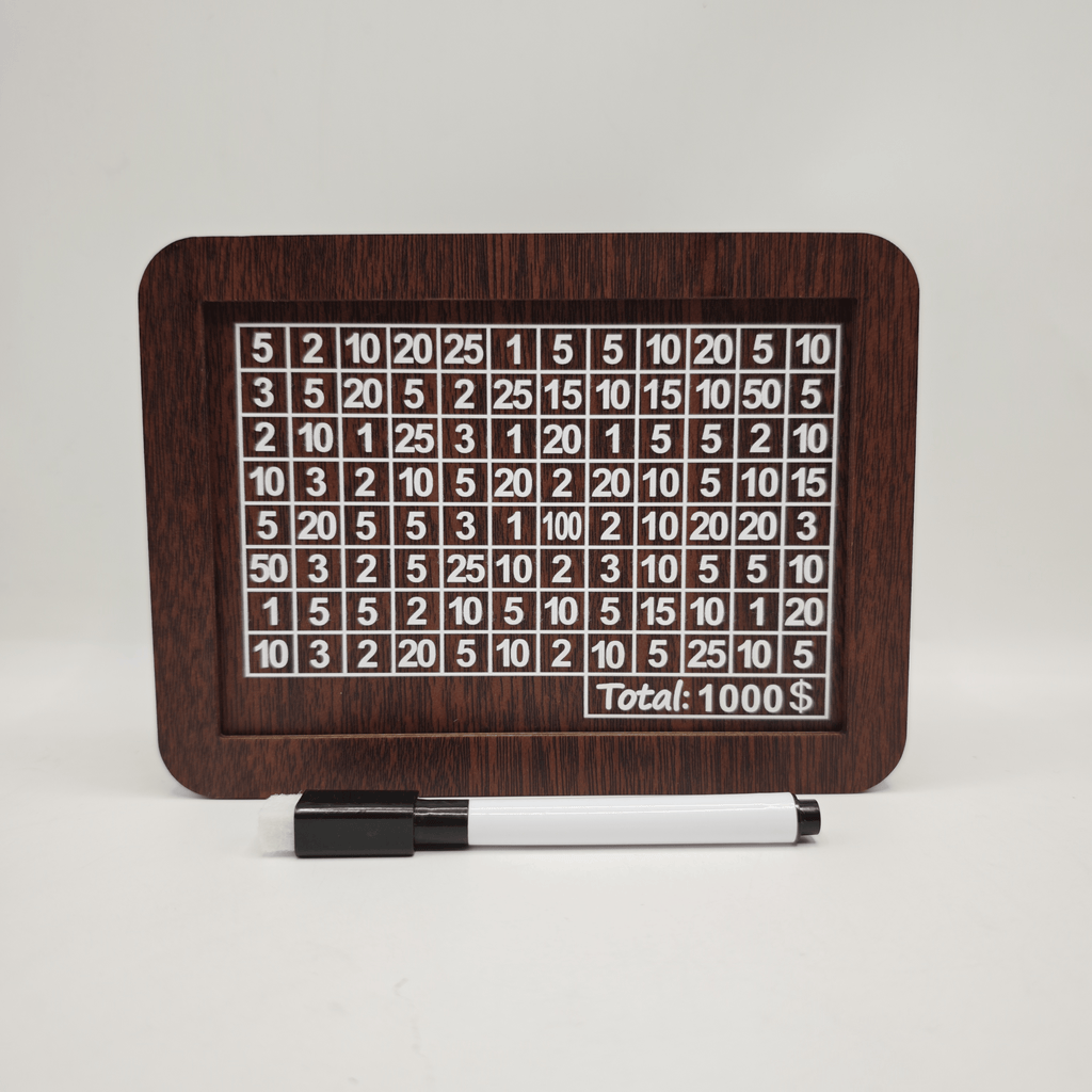 Wooden money box with engraved figures