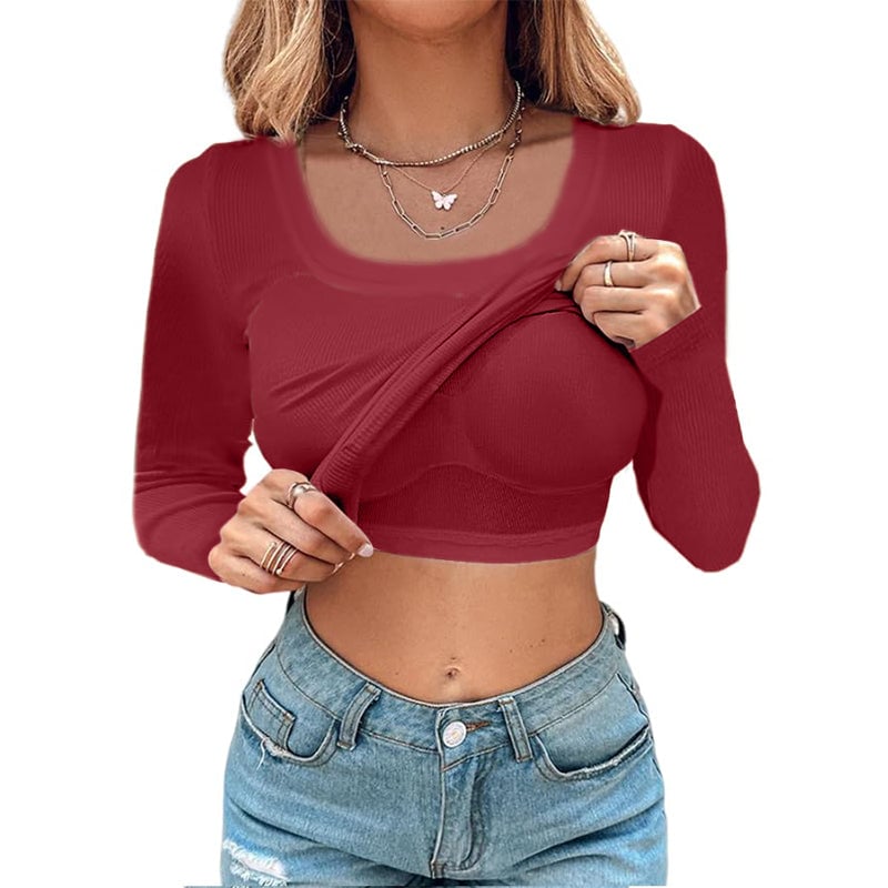 U Neck Built-in Bra Long Sleeve Tight Top