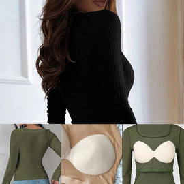 U Neck Built-in Bra Long Sleeve Tight Top