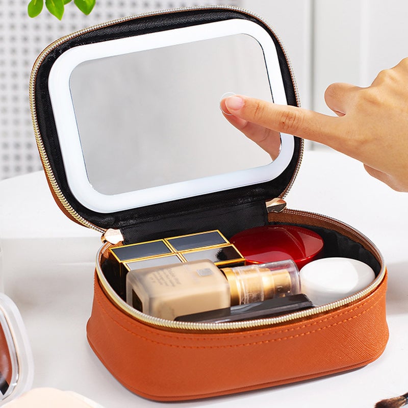 Dopamine Color PU Waterproof Makeup Bag with LED Touch Light & Detachable Mirror