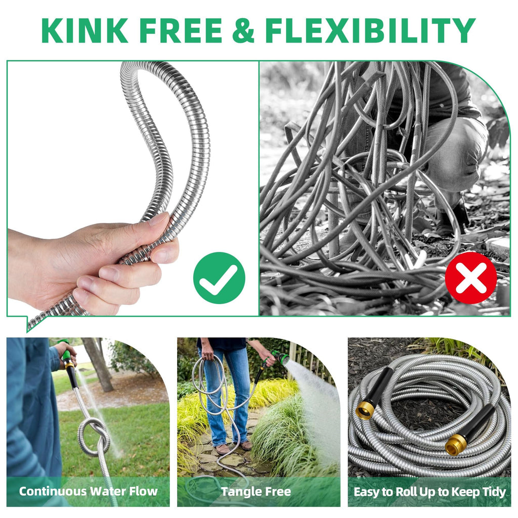 Sakerplus 304 Stainless Steel Metal Garden Hose 50 Feet with Brass Garden Hose Nozzle Flexible