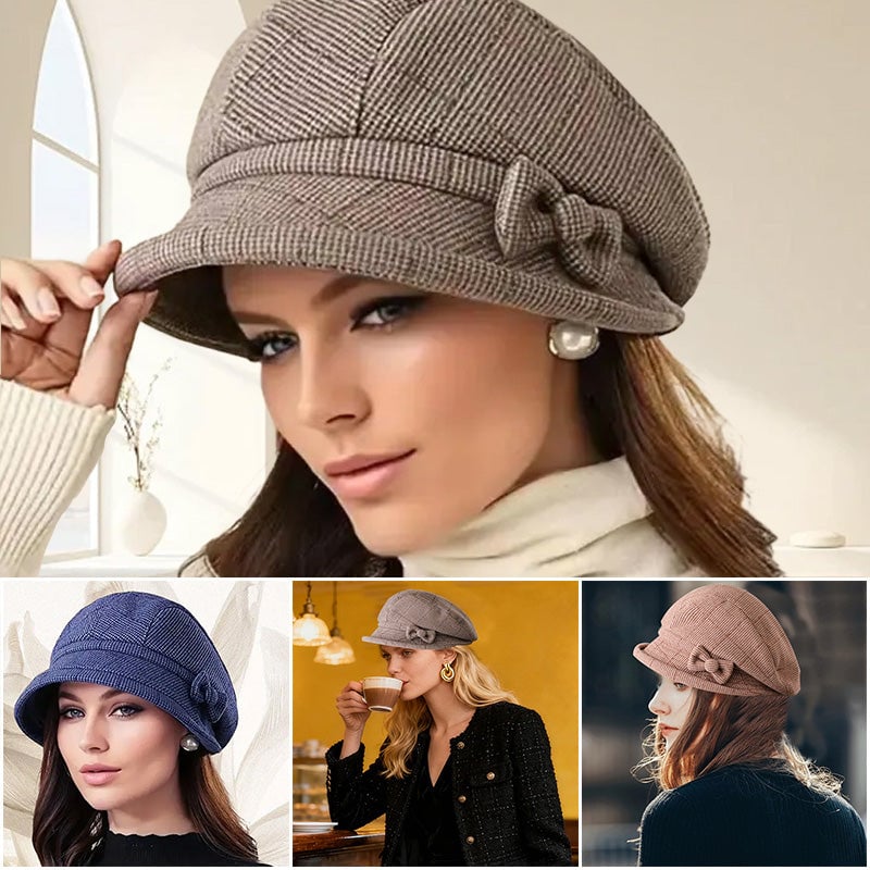 Women's Elegant Plaid Pattern Bow Decor Beret