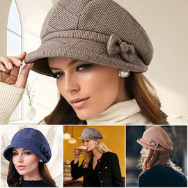Women's Elegant Plaid Pattern Bow Decor Beret