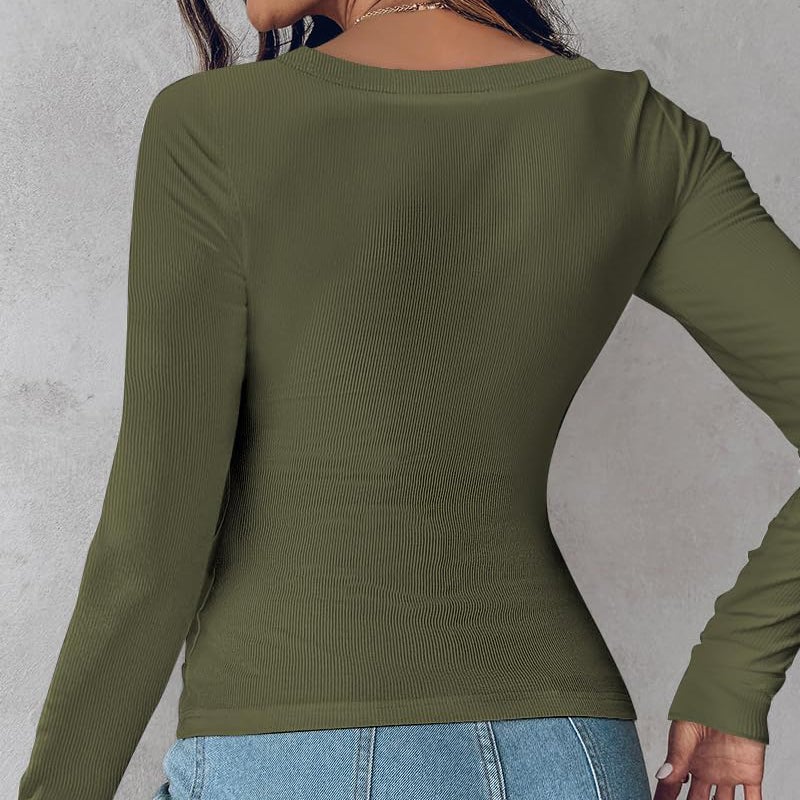 U Neck Built-in Bra Long Sleeve Tight Top