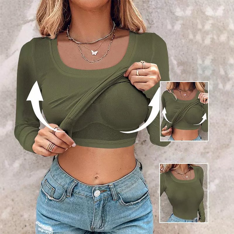 U Neck Built-in Bra Long Sleeve Tight Top