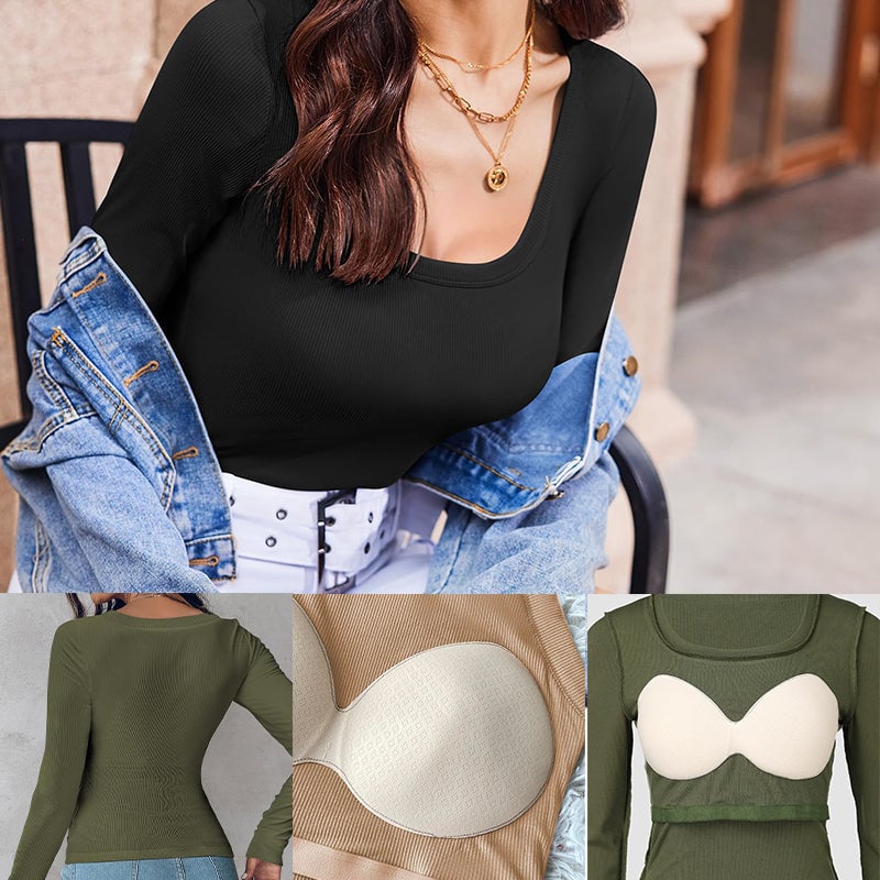 U Neck Built-in Bra Long Sleeve Tight Top