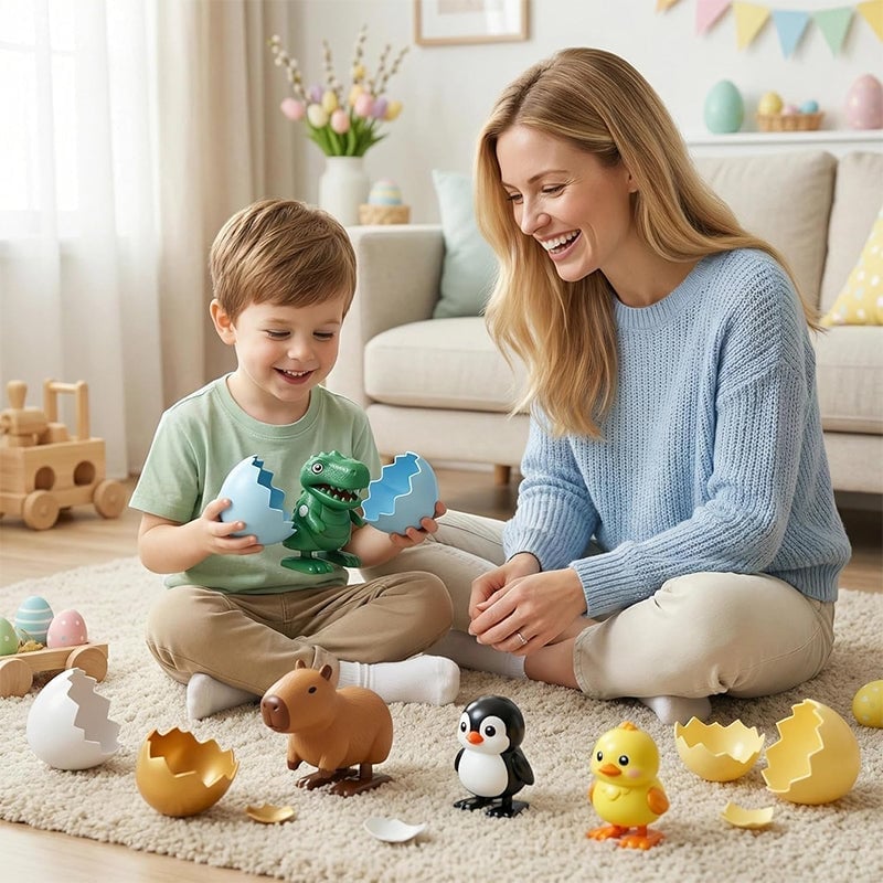 Pop-Surprise Easter Eggs – Wind-Up Jumping Animal Toy (Capybara, Dinosaur, Penguin, Duck)