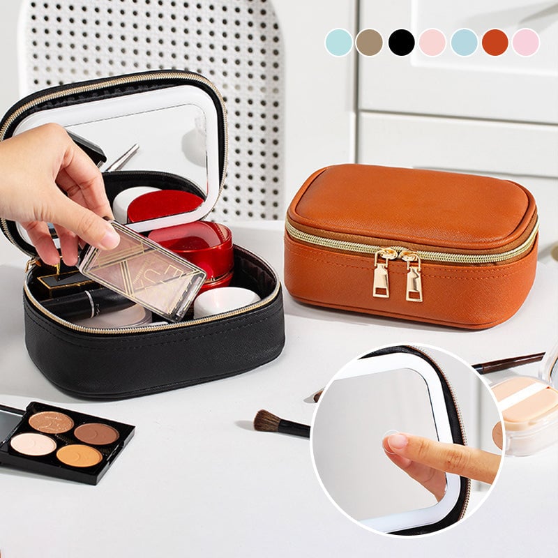 Dopamine Color PU Waterproof Makeup Bag with LED Touch Light & Detachable Mirror