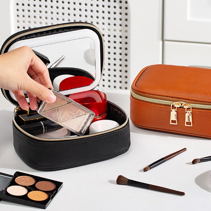 Dopamine Color PU Waterproof Makeup Bag with LED Touch Light & Detachable Mirror