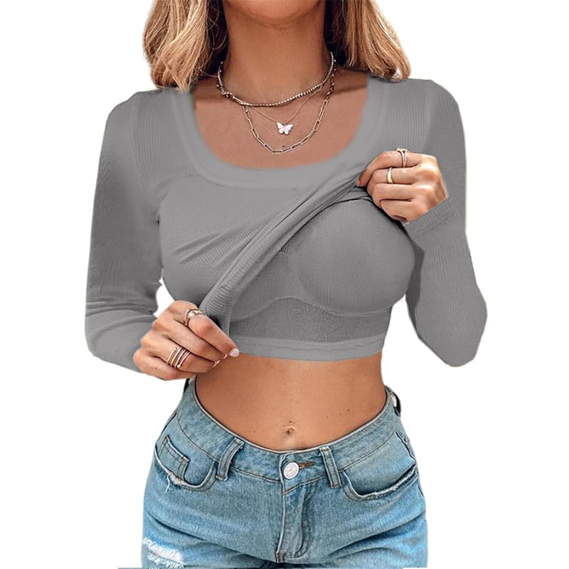 U Neck Built-in Bra Long Sleeve Tight Top