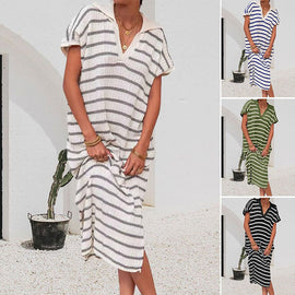 Striped Collared Short Sleeve Dress