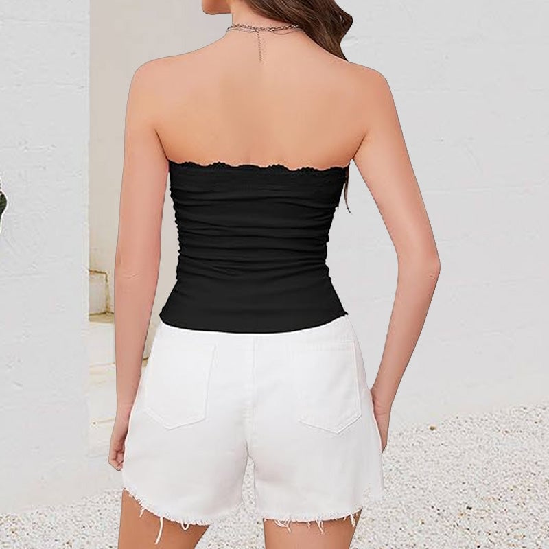 Women's Contrast Lace Bow Decor Crop Tube Top