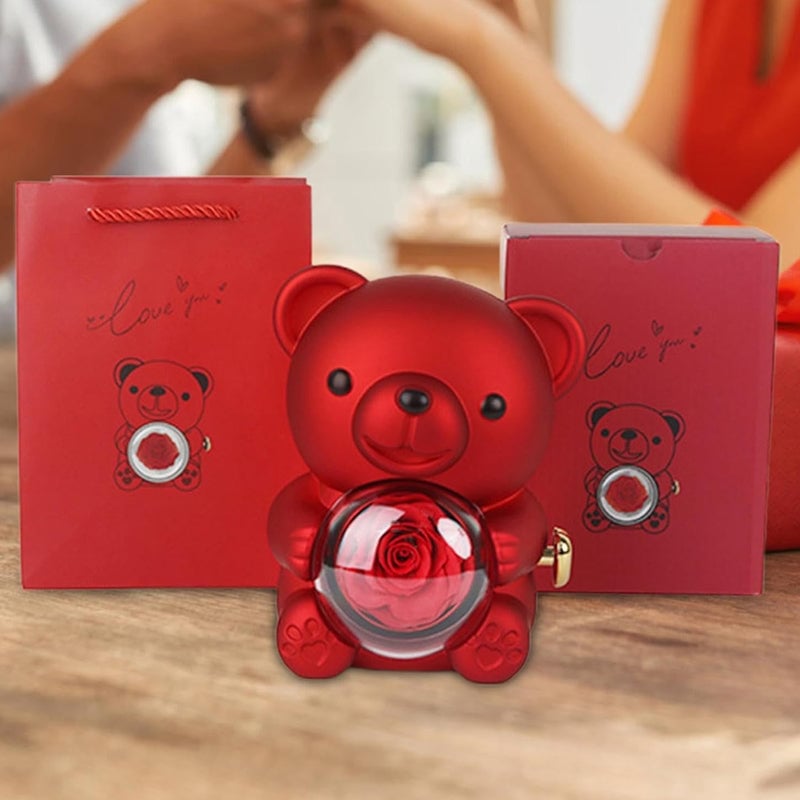 Heart-Shaped Pendant Necklace with Bear & Rose Gift Box