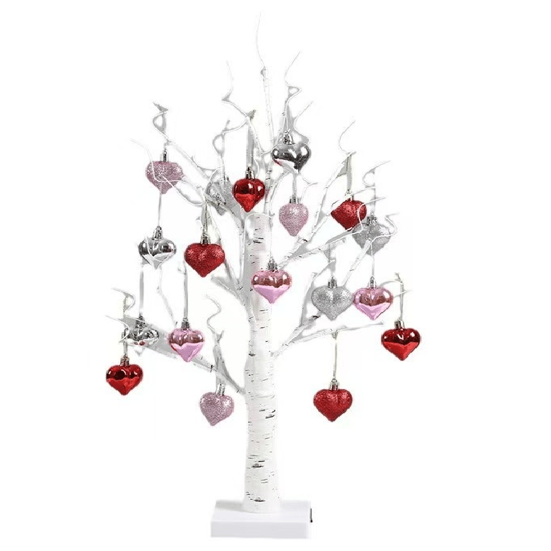 LED Tabletop Birch Tree with 18 Heart Ornaments