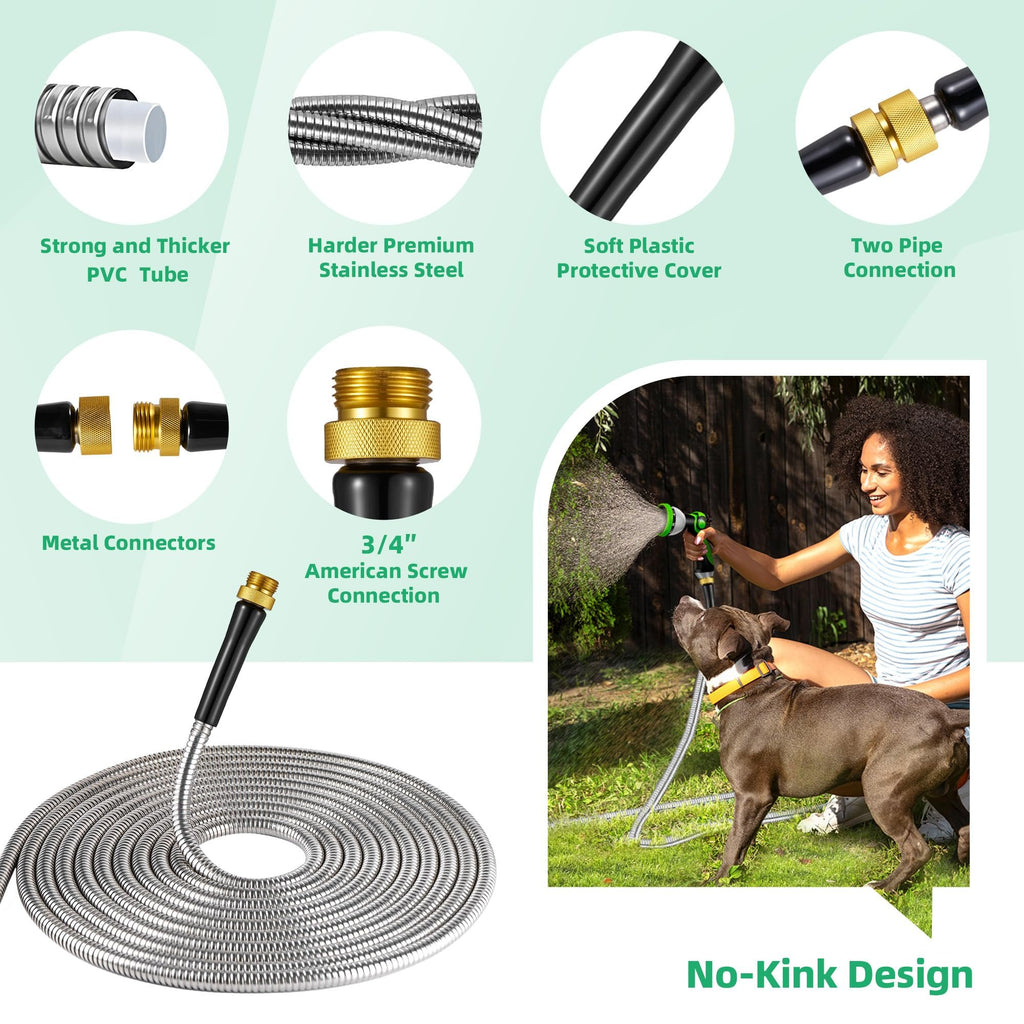 Sakerplus 304 Stainless Steel Metal Garden Hose 50 Feet with Brass Garden Hose Nozzle Flexible