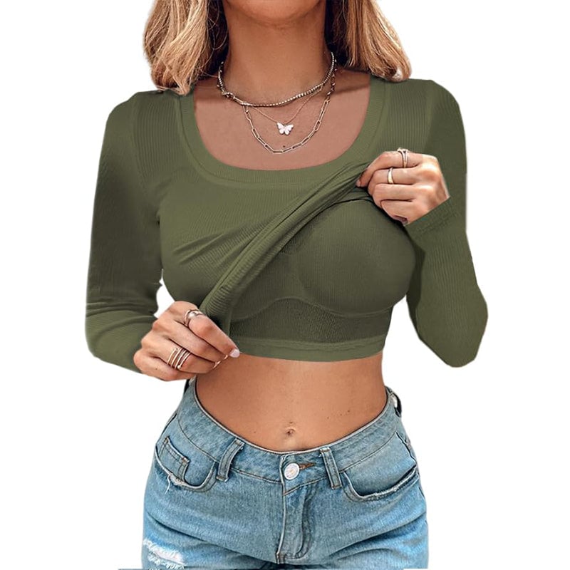 U Neck Built-in Bra Long Sleeve Tight Top